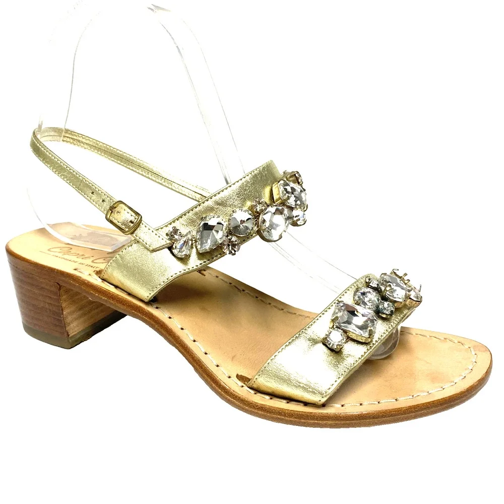 Capri Chic Sandal Gold Leather Crystal Rhinestone Open Toe Block Heel Two Strap